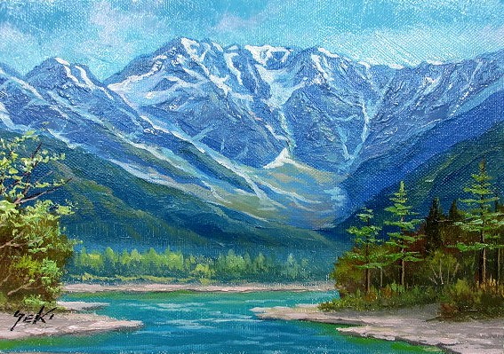油彩画 洋画 (油絵額縁付きで納品対応可) F20号 「上高地 梓川と穂高