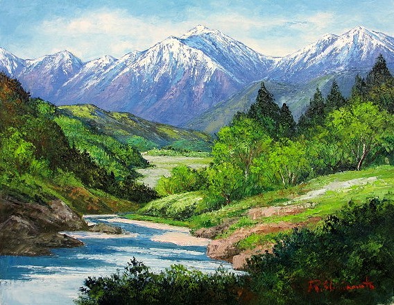 油彩画 洋画 (油絵額縁付きで納品対応可) M4号 「常念岳」 島本 良平-
