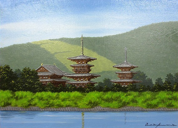 油彩画 洋画 (油絵額縁付きで納品対応可) F4 「薬師寺1」 朝隈 敏彦-