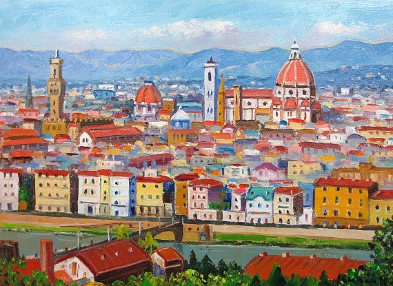 人気の 洋画 油彩画 (油絵額縁付きで納品対応可) 国雄 半澤 「フィレンツェ」 M4号 自然、風景画