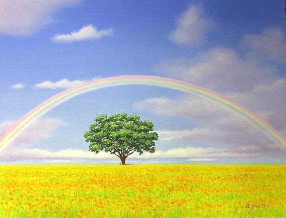 人気ショップ 油彩画 洋画 白鳥あゆみ 「虹のある風景２」 P8号 (油絵額縁付きで納品対応可) 自然、風景画