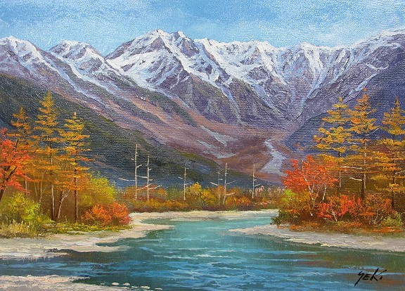 油彩画 洋画 (油絵額縁付きで納品対応可) P12号 「上高地 梓川と穂高 ...