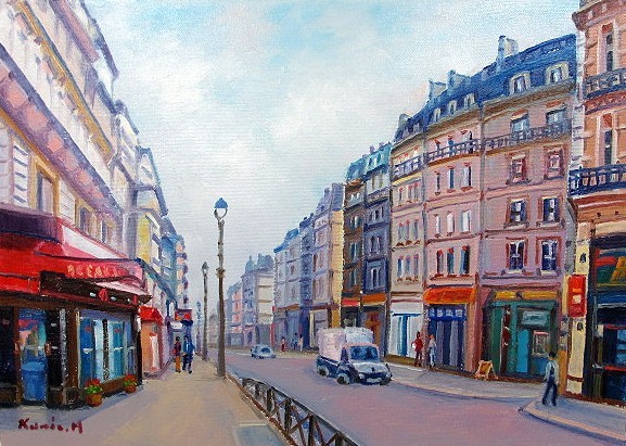 高級感 油彩画 国雄 半澤 「パリの街角」 F10号 (油絵額縁付きで納品対応可) 洋画 自然、風景画