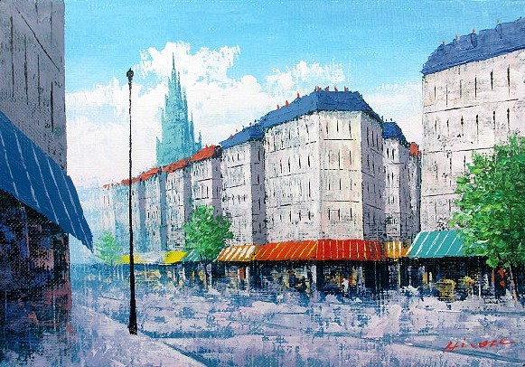 油彩画 洋画 (油絵額縁付きで納品対応可) M12号 「塔のある街」 広瀬 和之_画像1