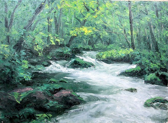 油彩画 洋画 (油絵額縁付きで納品対応可) M6号 「奥入瀬」 大山 功-