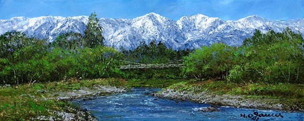 油彩画 洋画 (油絵額縁付きで納品対応可) WSM 「白馬連峰と姫川」 小川