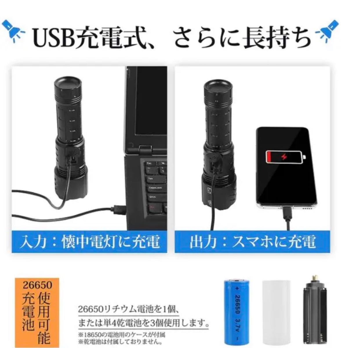 懐中電灯 LED 強力 高輝度 軍用 ハンディライト 充電式懐中電灯 USB充電 最新版 LEDハンディライト