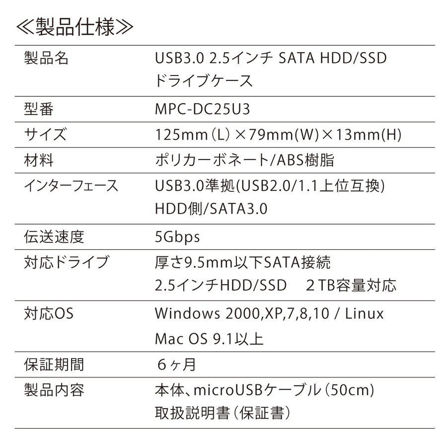 送料無料 HDDケース ドライブケース スケルトン USB3.0 2.5インチ SATA HDD/SSD miwakura 中身が見える高透明ボディ MPC-DC25U3/0621_画像7