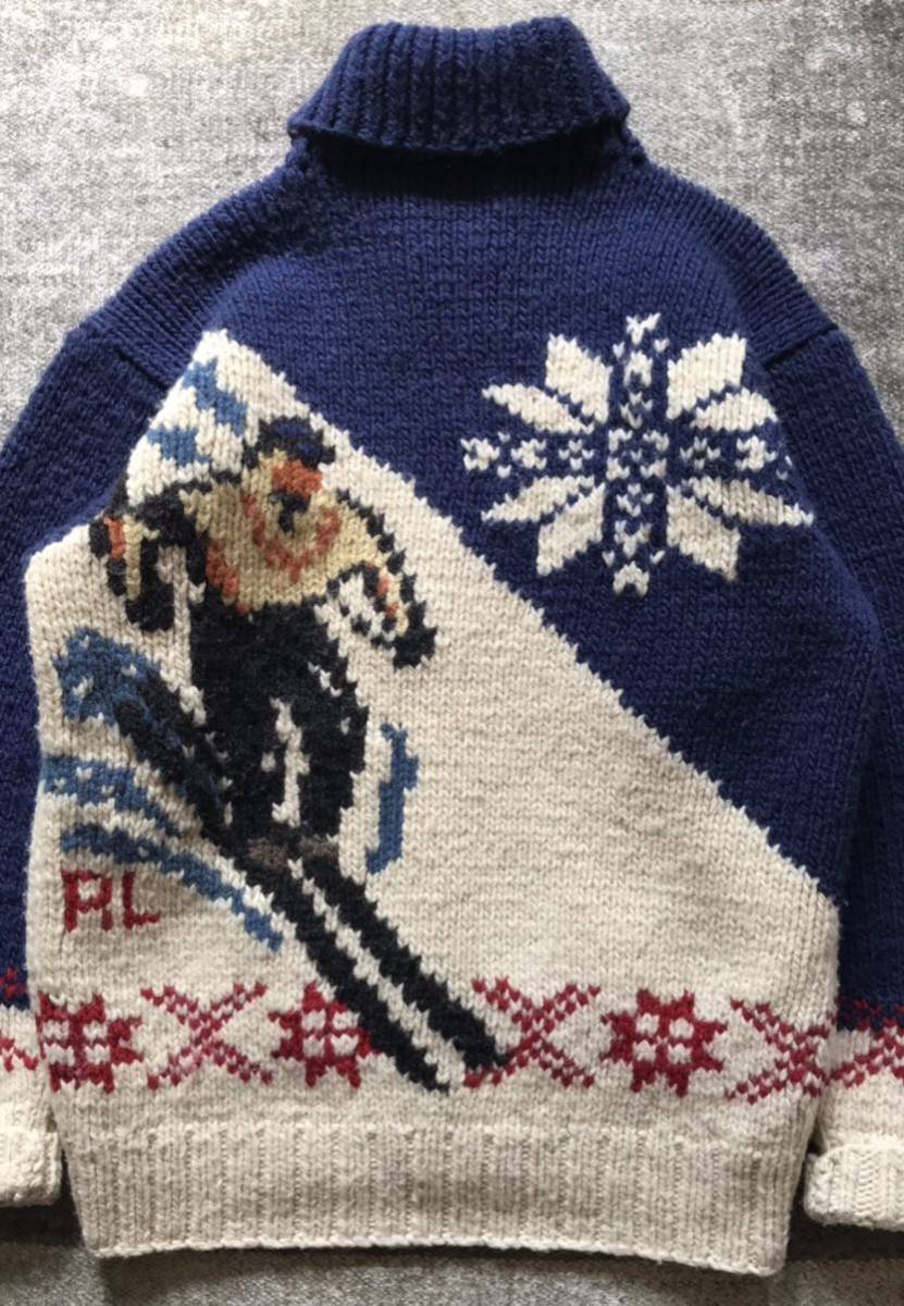溢れる躍動感 圧巻のスキー柄 90's vintage ★ Polo by Ralph Lauren ★ ラルフローレン 雪柄 カウチン ニット ジャケット セーター M_画像6