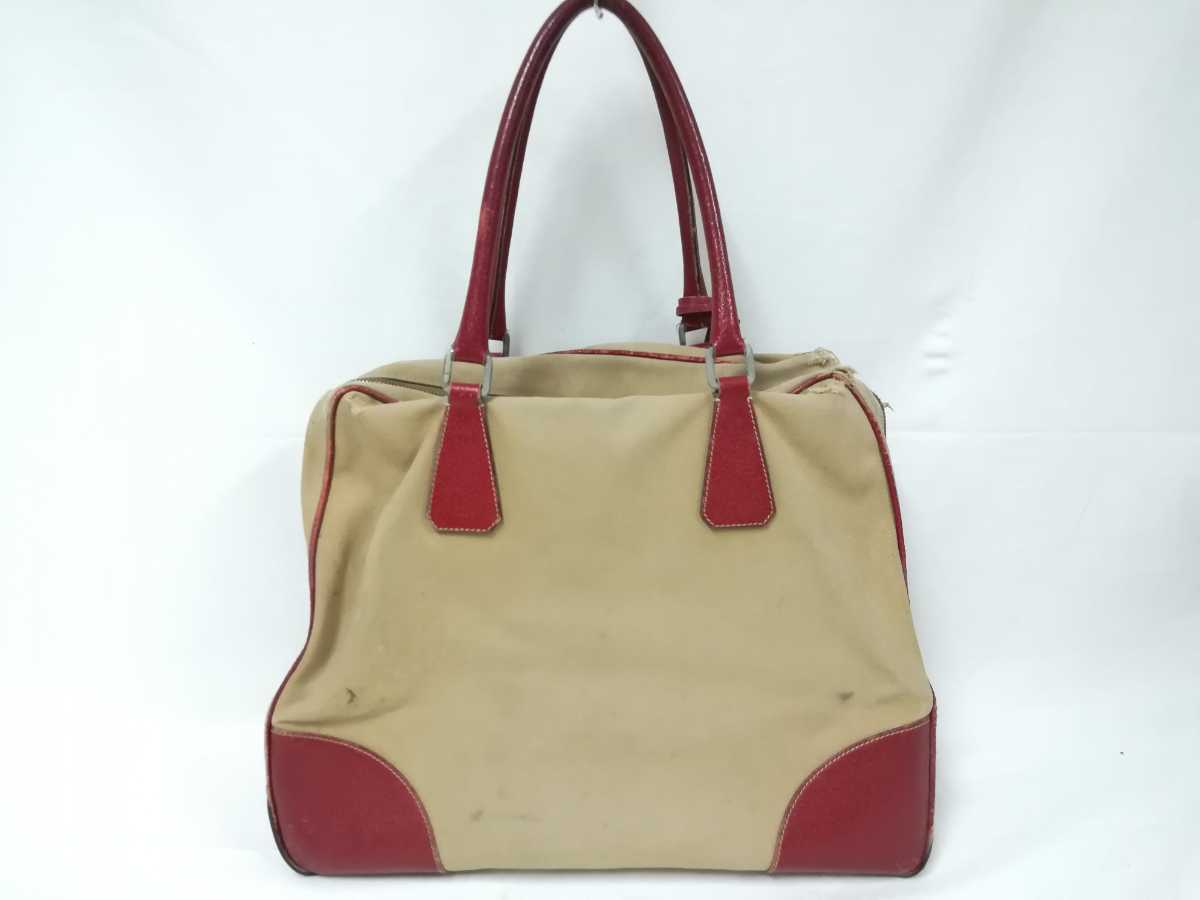 PRADA プラダ ショルダーバッグ キャンバス レザー ベージュ レッド