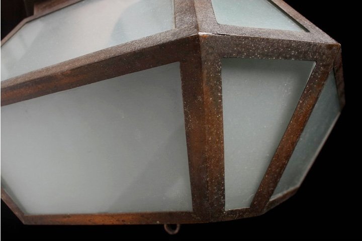 DM723 時代物 銅枠硝子八角吊照明 一対 幅27.5cm・銅枠硝子八角電笠・銅框玻璃吊照明_商品詳細もご覧ください