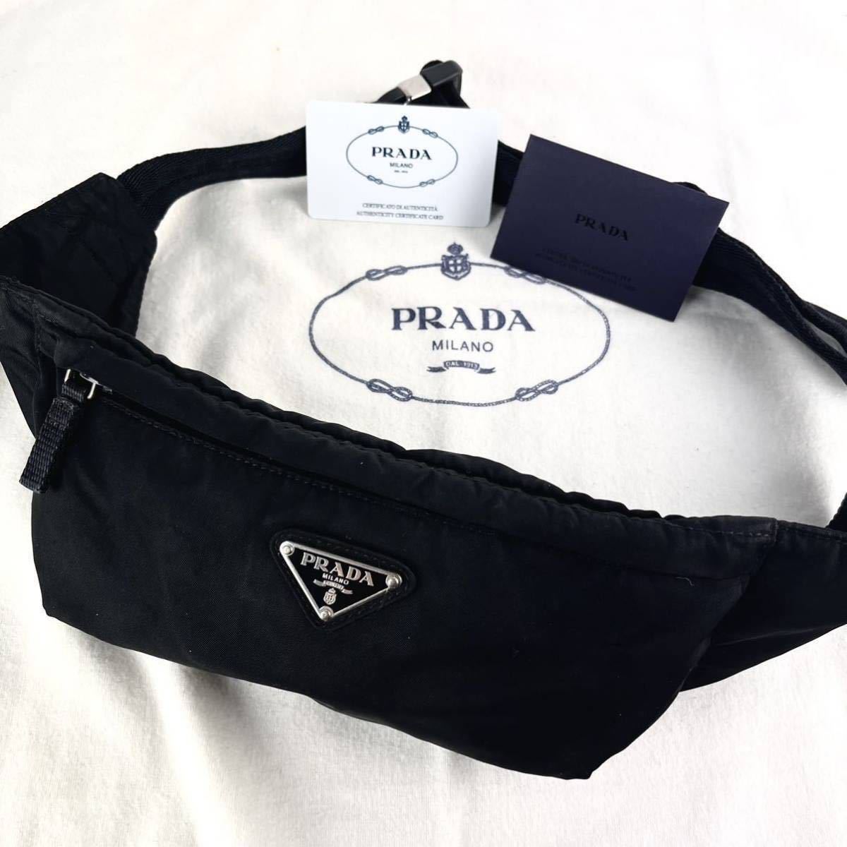 1円 ■美品■ PRADA プラダ 三角プレート シルバー金具 ウエストポーチ ボディバッグ ナイロン バッグ 黒 ブラック　a48_画像1