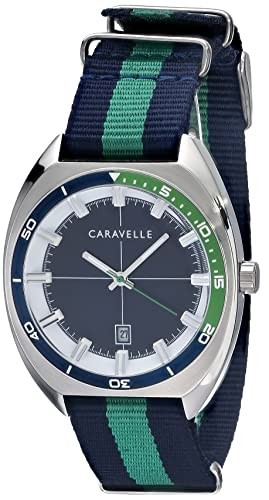 Caravelle Retro Quartz Mens Watch, Stainless Steel with Multiple Nylon Strap, Silver-Tone (Model: 43B169)