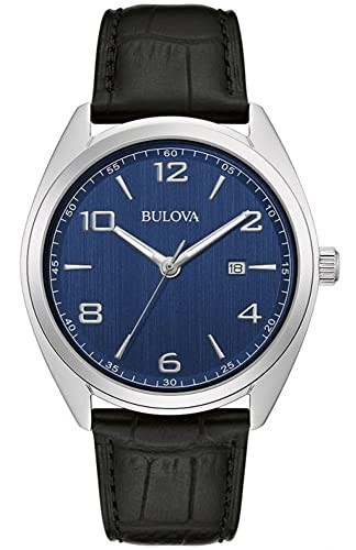 Bulova 96B351 Men's Black Leather Band Blue Dial Date 3-Hand Analog Watch