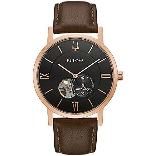 ブローバ Bulova Men's Stainless Steel Automatic Watch with Leather Strap, Brown, 22 (Model: 97A155)