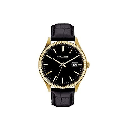 ブローバ Caravelle Dress Quartz Mens Watch, Stainless Steel with Black Leather Strap, Gold-Tone (Model: 44B118)