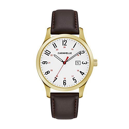 Caravelle Traditional Quartz Mens Watch, Stainless Steel with Brown Leather Strap, Gold-Tone (Model: 44B116)