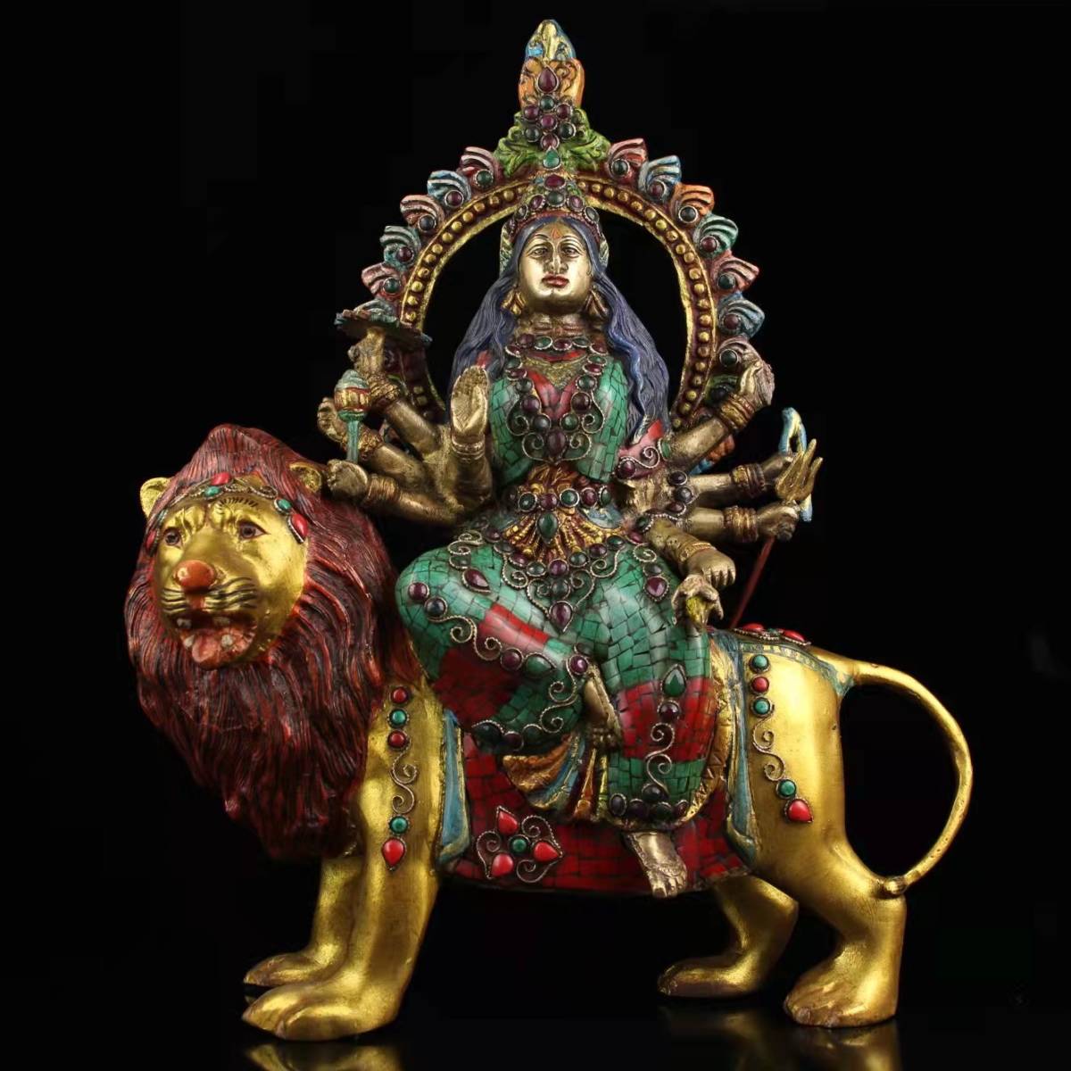神像 ネパール 銅製 貴石象嵌 杜爾迦 杜迦女神 難近母 インド教 賞物 置物 極上臻品 5xz