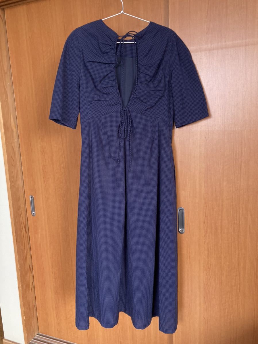  Iena IENA* beautiful goods silver chewing gum check soccer cloth back open puff sleeve long maxi One-piece navy size 36 elegant one sheets 