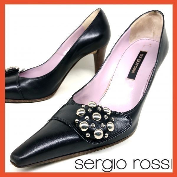 即決 sergio rossi セルジオロッシ レディース 35.5 22.5 パンプス イタリア製 ポインテッドトゥ ハイヒール カジュアル ドレス 本革 靴 黒