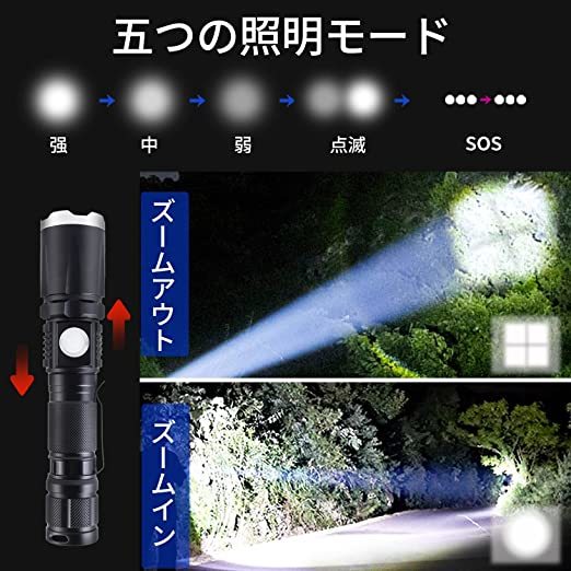 懐中電灯 LEDライト 10000ルーメン 軍用 強力 led フラッシュライト ハンディライト 2000mAh