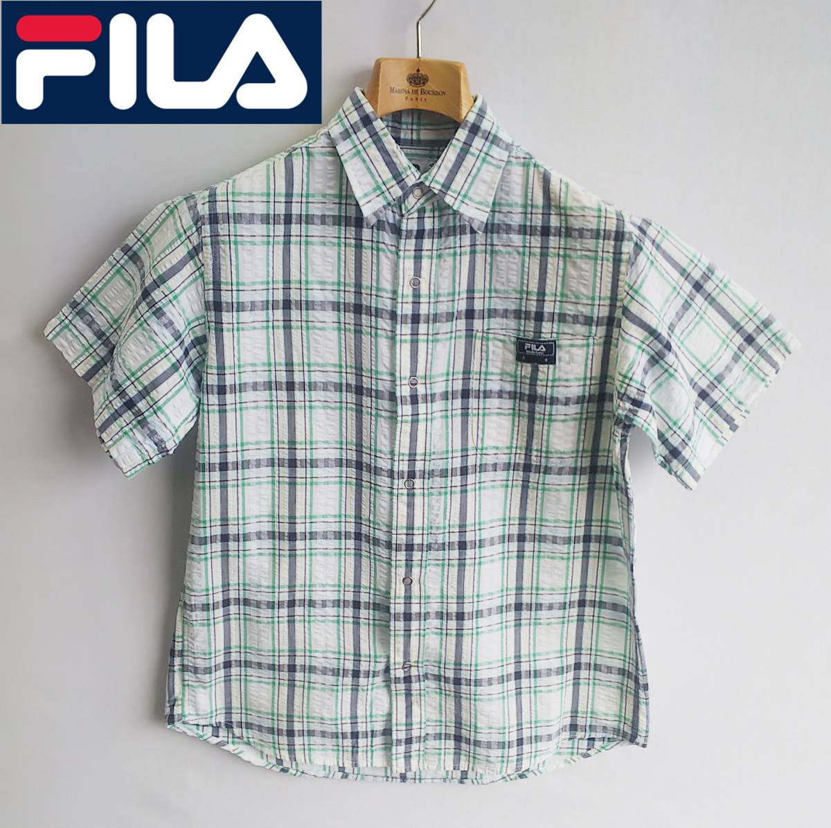 ●FILA*サイズ150*半袖シャツ*スナップボタン*キッズ*ジュニアサイズ*チェック柄*格子柄*白*緑*カジュアル*爽やか*春夏*フィラ #4880_画像1