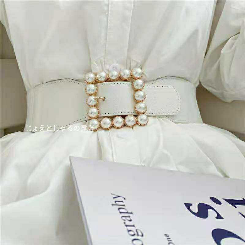  повторное поступление женский ремень резина жемчуг пряжка кожаный ремень квадратное белый юбка One-piece .