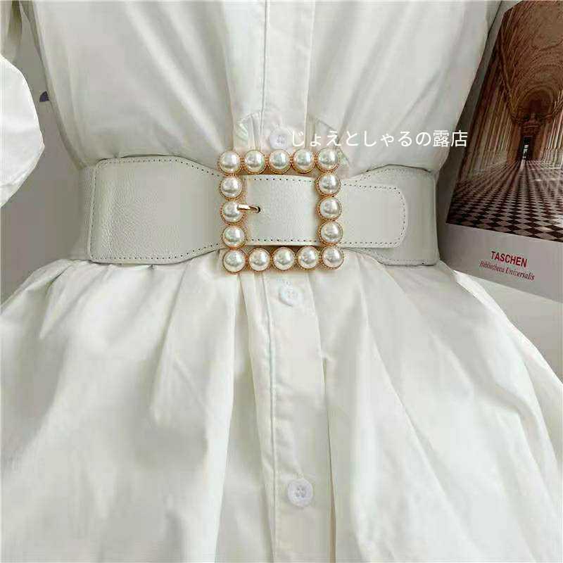  re-arrival lady's belt rubber pearl buckle leather belt square white skirt One-piece .