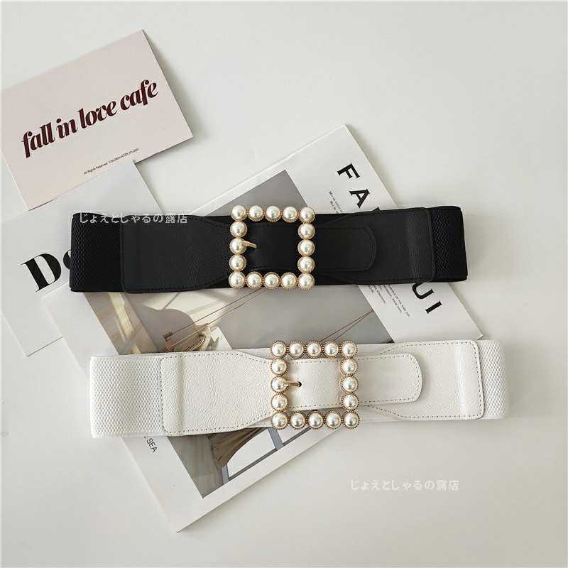  re-arrival lady's belt rubber pearl buckle leather belt square white skirt One-piece .