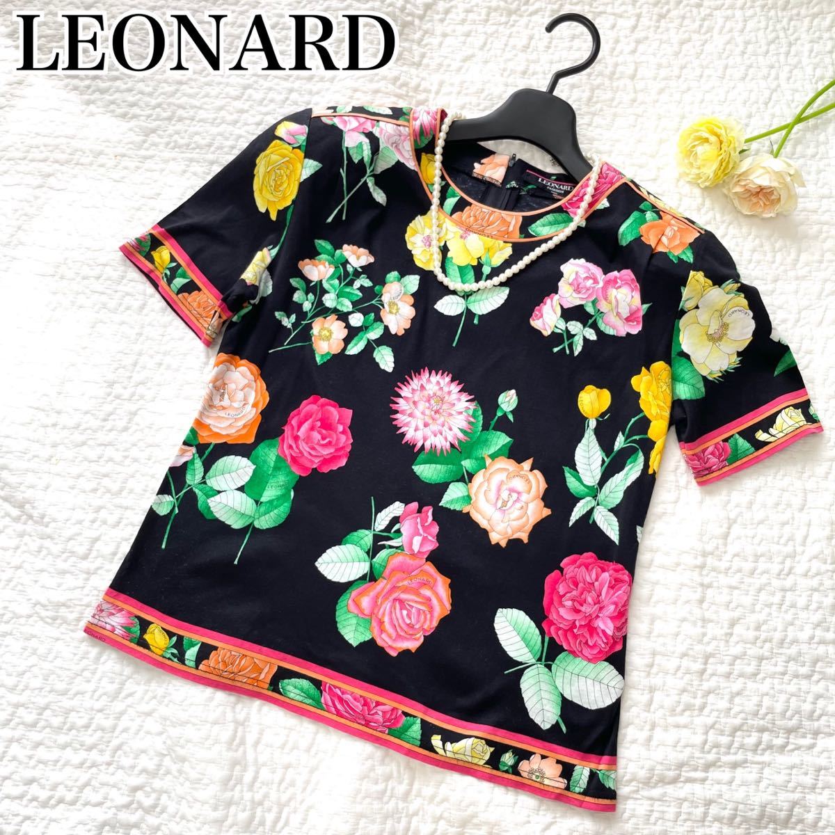 美品 LEONARD レオナール 半袖カットソー 花柄 綿100% ブラック 黒 M