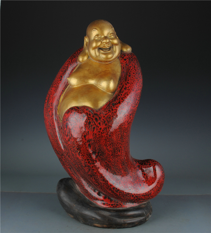 3~U0106 中国骨董 人間国宝 仏教美術 仏像 清末期の鈎紅釉金弥勒仏 