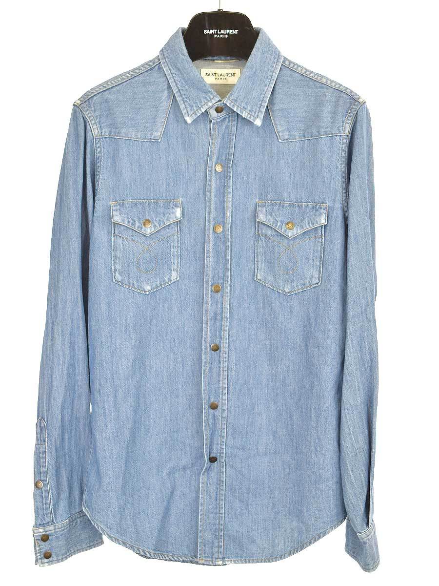 美品☆サンローラン パリ・メンズ ウォッシュド加工 デニムシャツ(XS)-