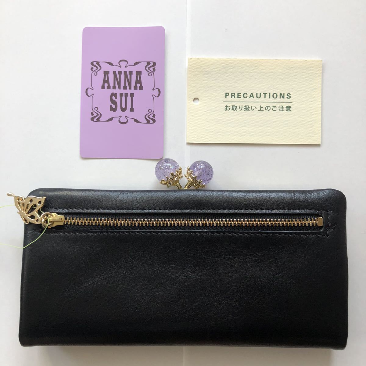 新品 希少品★ANNA SUI アナスイ 口金長財布 ブラック レディース がま口 黒 バタフライ スター 星 ファスナー 小銭入れ 未使用_画像1