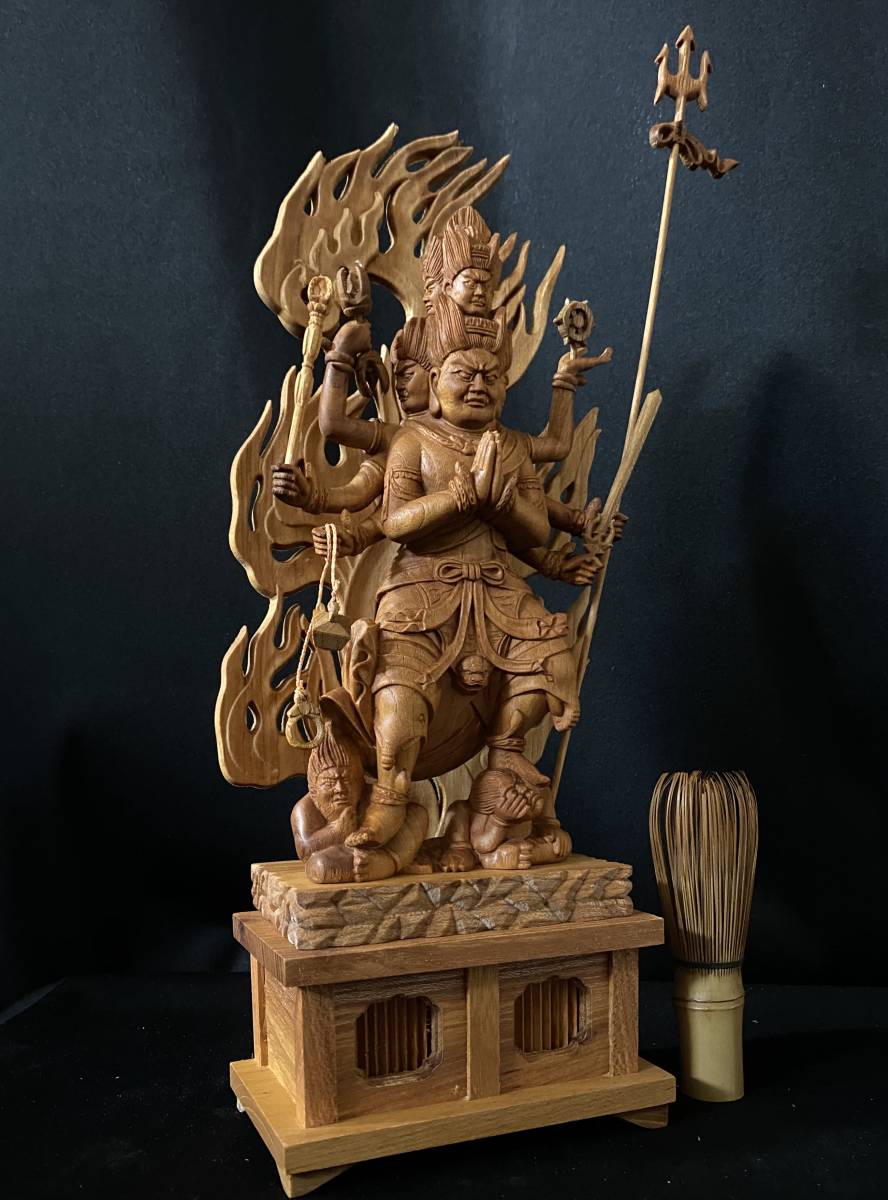 新作 総ケヤキ材 仏教工芸品 木彫仏像 最高級品 仏師手仕上げ品 大元帥 