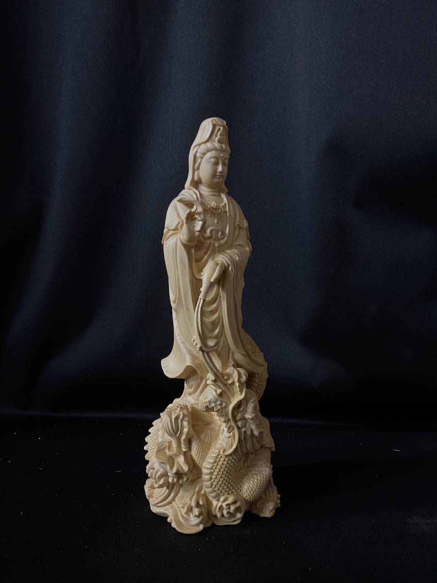 高29cm 総檜材 仏教工芸品 木彫仏像 仏師手仕上げ品 龍上観音菩薩立像
