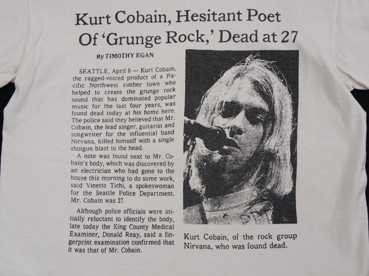 レア【ヴィンテージ】カート・コバーン 死亡記事 新聞 追悼 Tシャツ