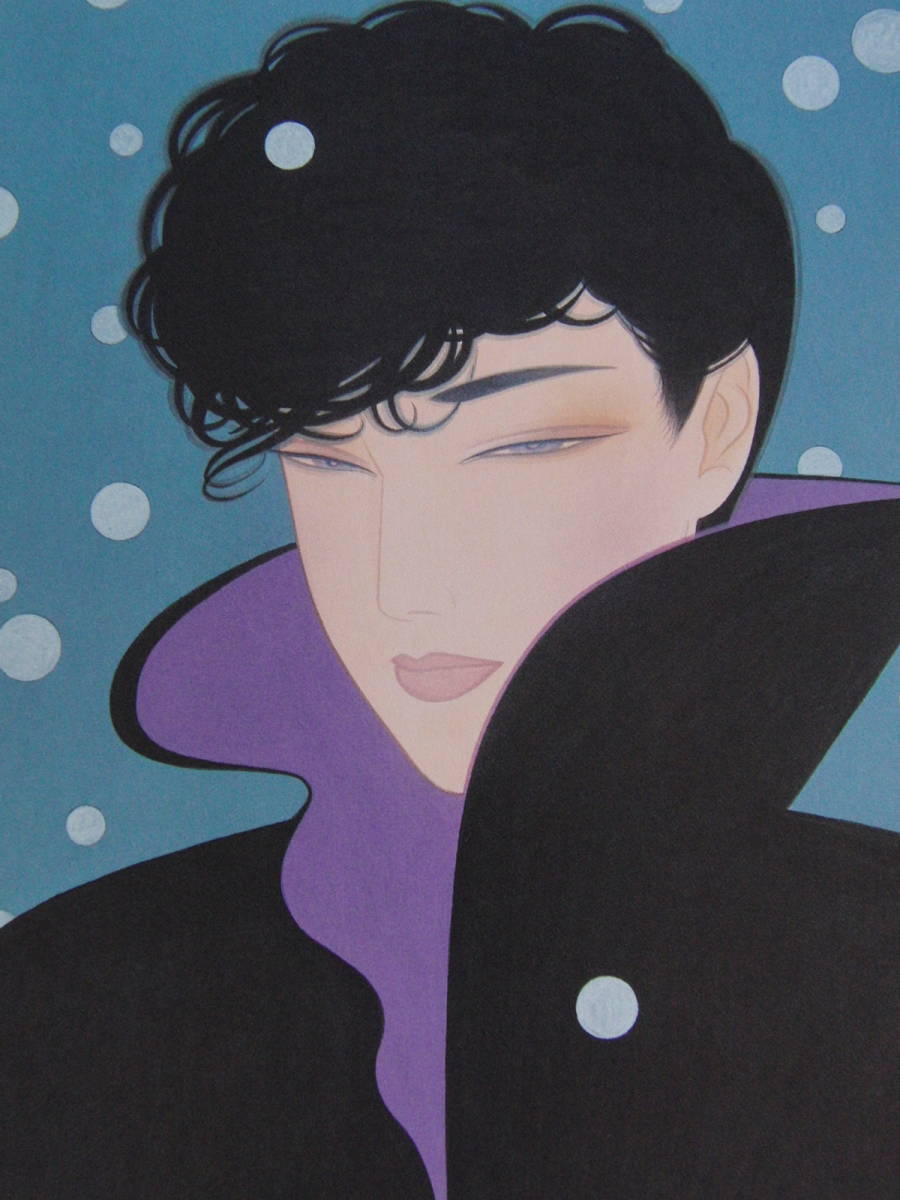 鶴田一郎、【黒いコート】、希少な額装用画集より、新品額装付、状態良好、送料込み、美人