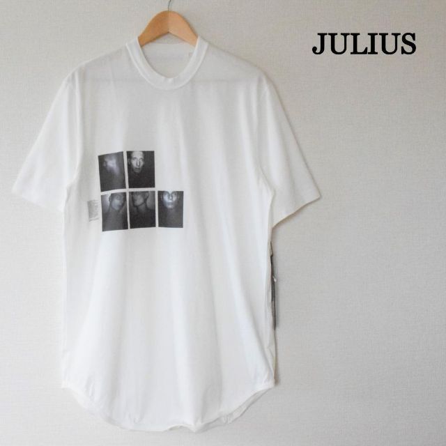 今年も話題の 美品 JULIUS ユリウス 新しいコレクション ラウンド クルーネック 半袖 プリント A092 白 Tシャツ カットソー サイズ3 ホワイト