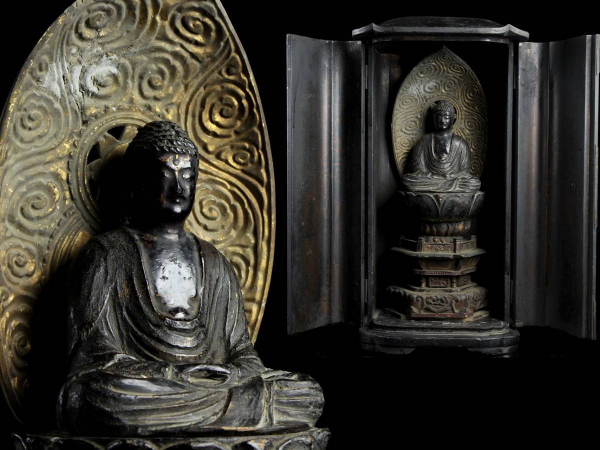 今ならほぼ即納！ 時代 *。。◆爛◆ 木彫 [B101]QS/3NR/(140) 仏像骨董 鍍金 44cm 厨子入 釈迦如来像 仏像