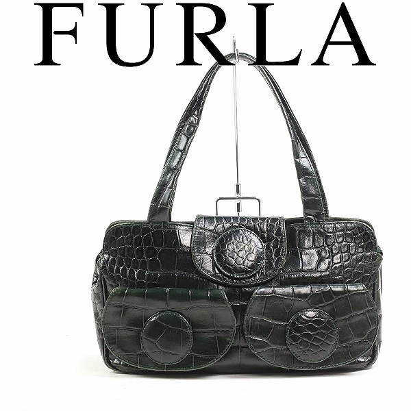 ◆FURLA/フルラ クロコ型押しレザー 肩掛け ショルダー バッグ ダークグリーン