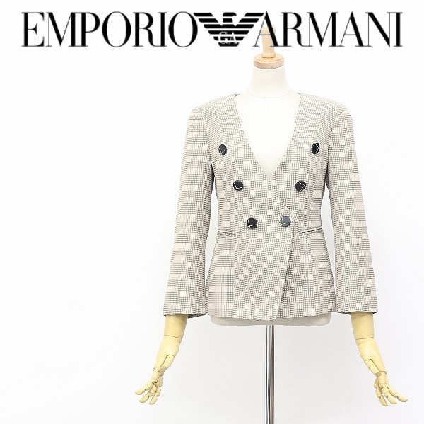 美品◆EMPORIO ARMANI/エンポリオアルマーニ キルティング ノーカラー ダブル ジャケット 38 国内正規品_画像1