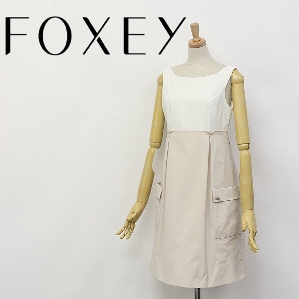 ◆FOXEY NEW YORK/フォクシー ニューヨーク タック 切替 ノースリーブ ワンピース ホワイト×ライトベージュ 38