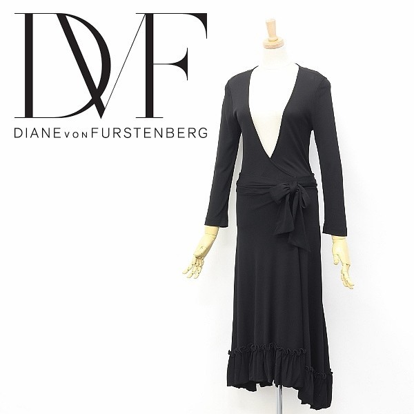 ◆DIANE von FURSTENBERG/ダイアンフォンファステンバーグ JUSTINA 裾ティアード マキシ丈 ロング ラップ ワンピース ブラック 0_画像1