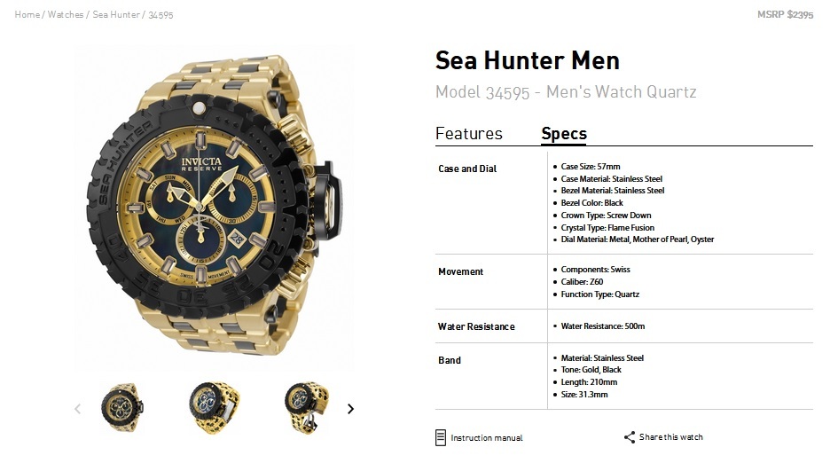 INVICTA インビクタ『Sea Hunter 34595』☆電池式☆500ｍ防水☆ケース