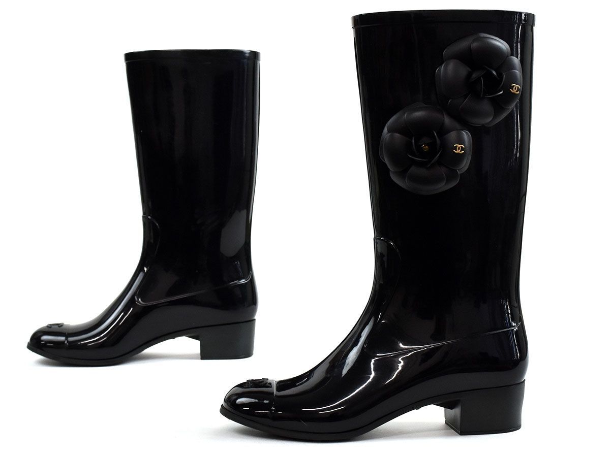 118961☆ CHANEL シャネル カメリア レインブーツ 長靴 ロングブーツ 