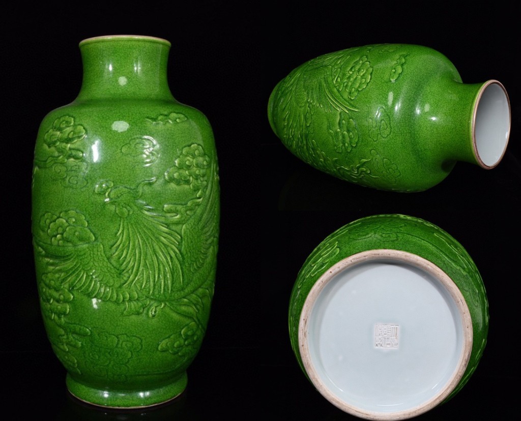 期間限定キャンペーン 中国古美術 清雍正 緑釉 浮雕鳳紋梅瓶 ■高さ49CM 横25CM 清
