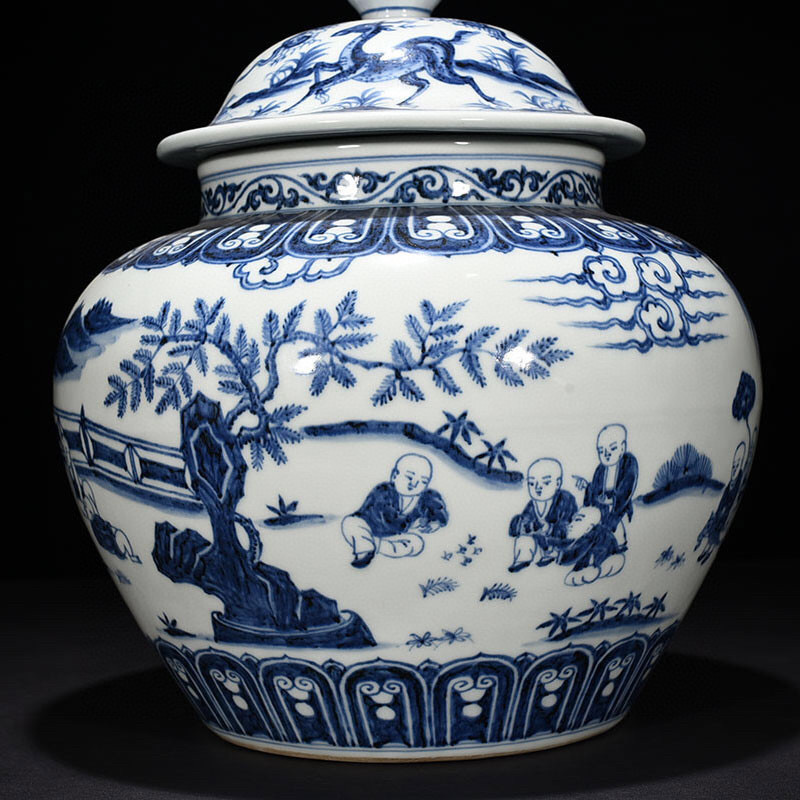 新作大特価 ヤフオク! - 中国古美術 明宣徳 青花唐子図盖罐 高
