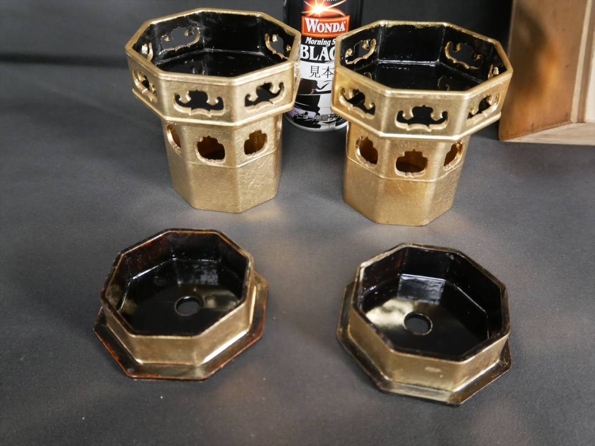収集品 とても古い裏金八角供花 木製本金箔 箱入り 小堀京都製 仏具
