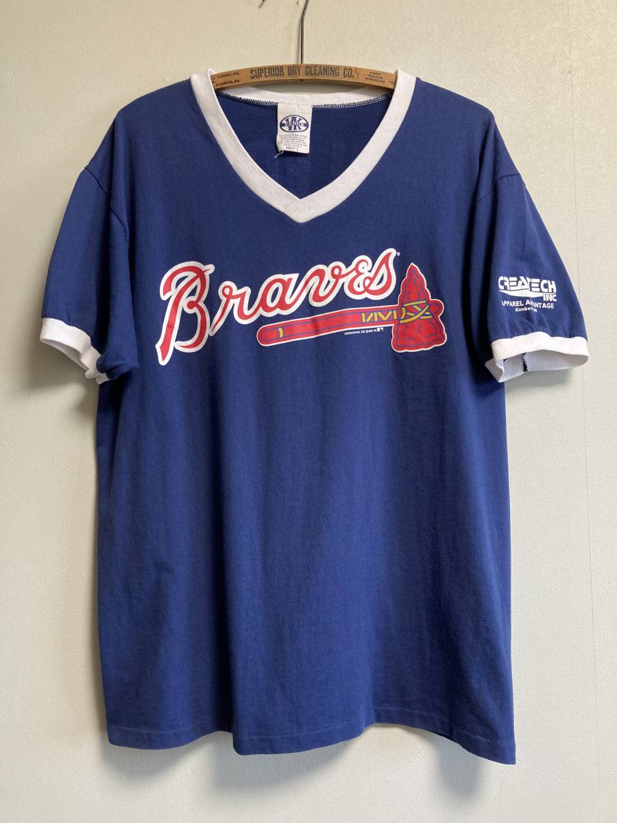 80s 90s ヴィンテージ USA製 BRAVES アトランタブレーブス Vネック リンガー Tシャツ MLB ベースボール 両面プリント アメカジ_画像1