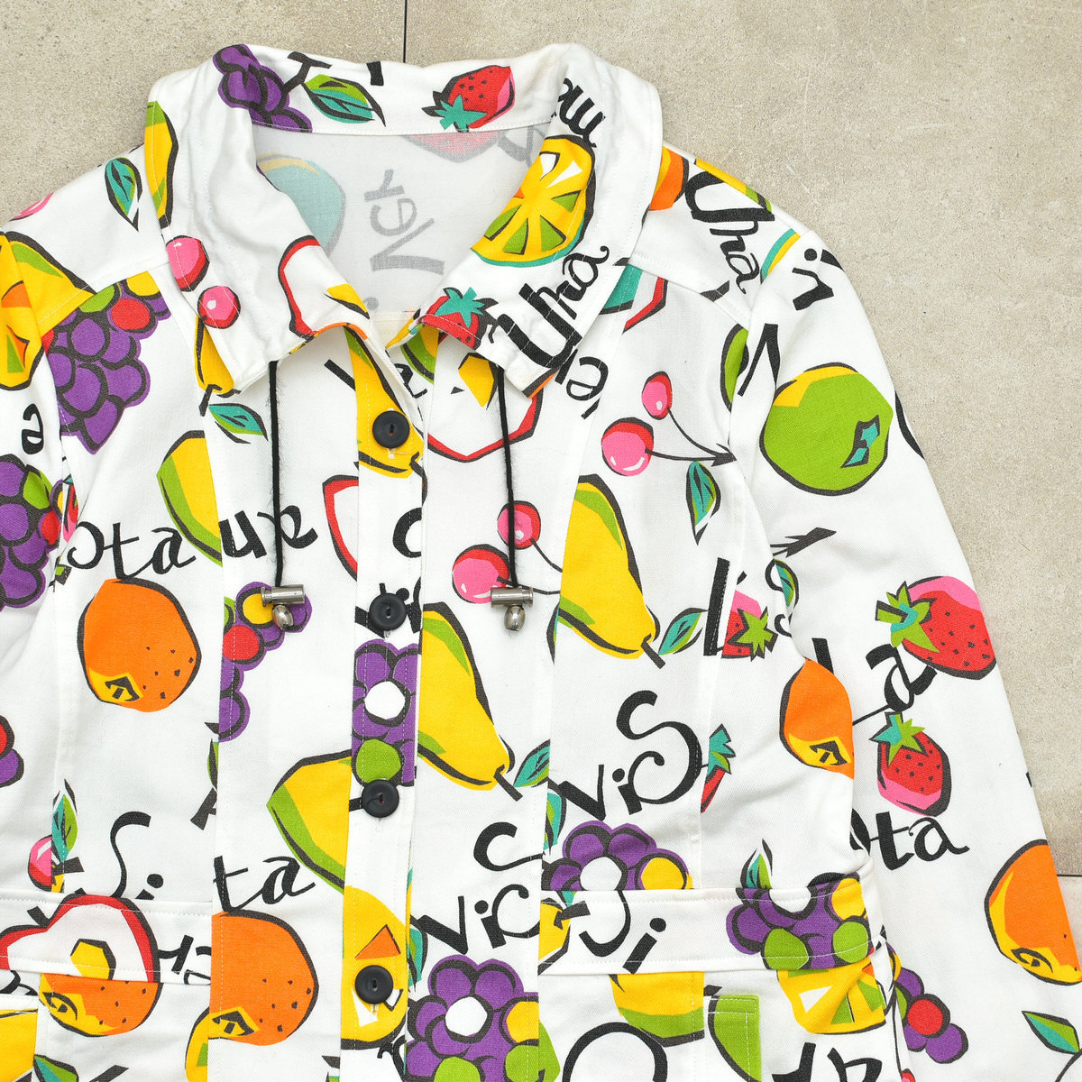 Deformation collar pop art fruit print shirt jktレディース M相当 ポップ デザイン フルーツ 総柄_画像1